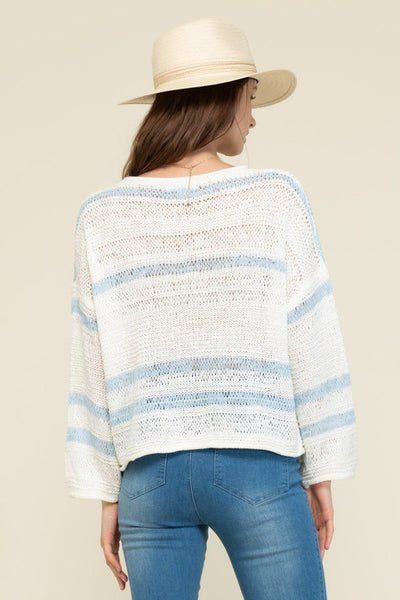 Open Knit Sweater w/ Blue Stripes