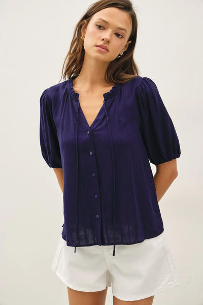 Linen Tie Front Half Sleeve Button Blouse
