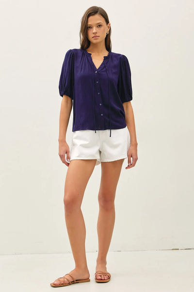 Linen Tie Front Half Sleeve Button Blouse