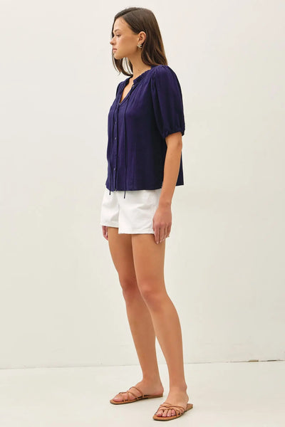 Linen Tie Front Half Sleeve Button Blouse