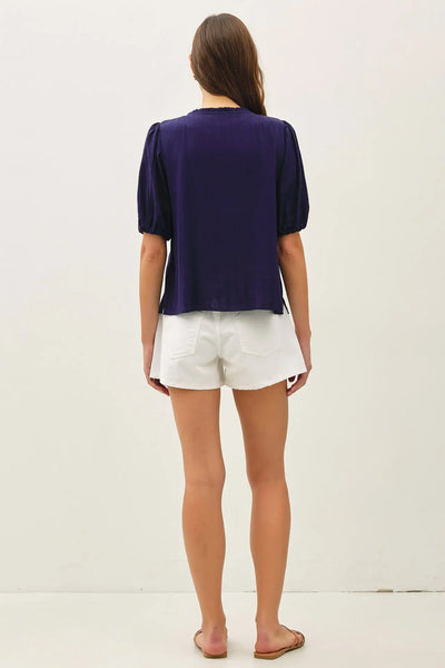 Linen Tie Front Half Sleeve Button Blouse