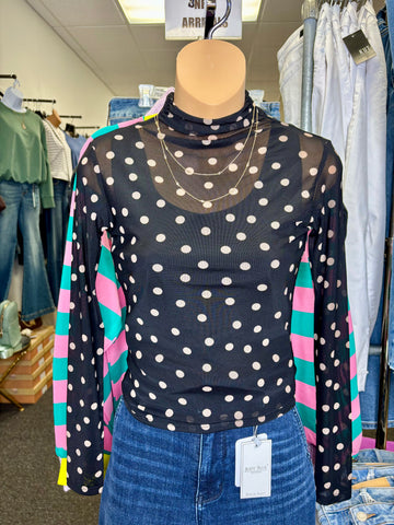 Polka Dot Mock Neck Mesh Sheer Long Sleeve Top