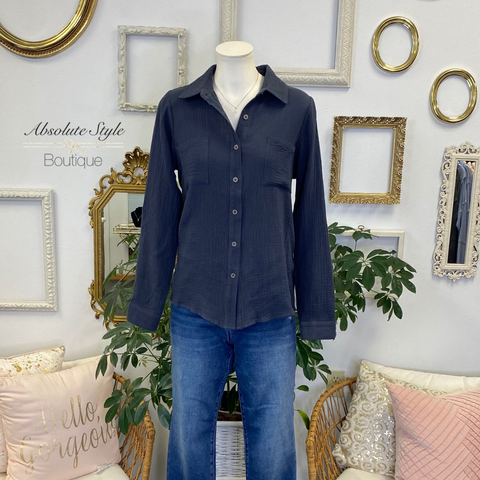 Dusty Navy Button Up Top