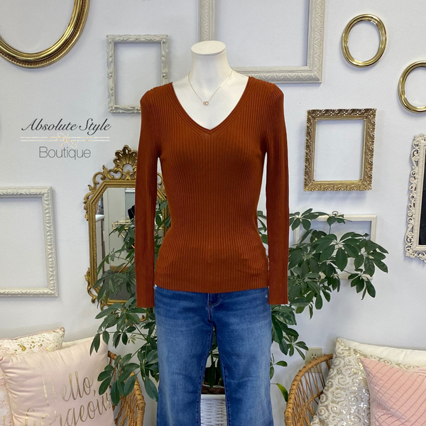 Copper Ribbed V-Neck Sweater