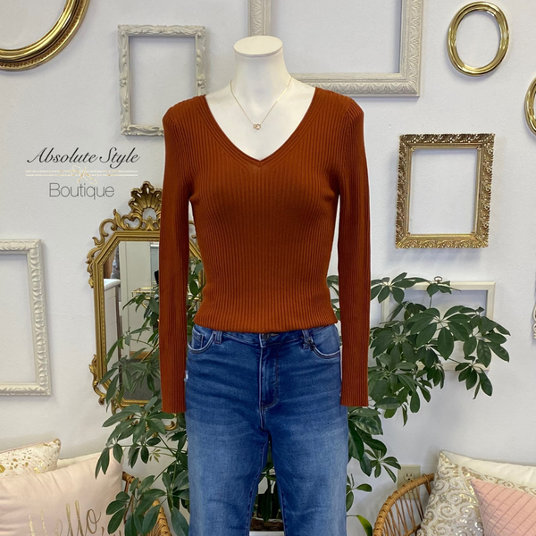 Copper Ribbed V-Neck Sweater