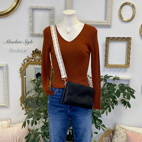 Copper Ribbed V-Neck Sweater