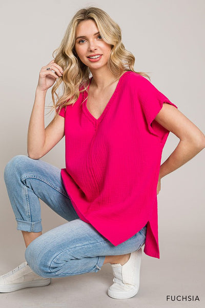 Gauze Raw Edge V-Neck Top