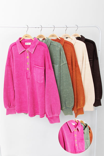 Thermal Knit Button Neckline Pullover