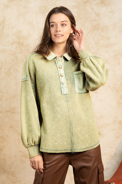 Thermal Knit Button Neckline Pullover