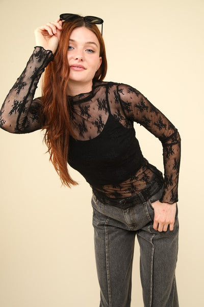 Mock Neck Mesh Lace Top