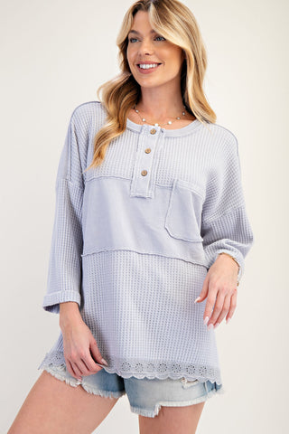 Mineral Wash Henley Lace Trim Top