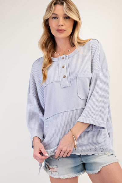 Mineral Wash Henley Lace Trim Top
