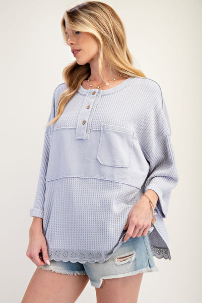 Mineral Wash Henley Lace Trim Top