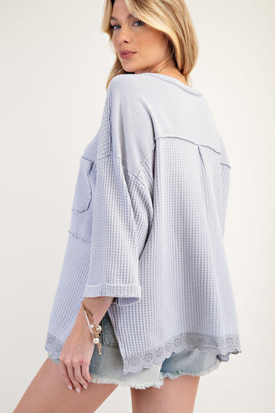 Mineral Wash Henley Lace Trim Top