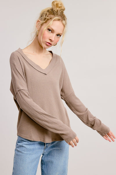 Vertical Ribbed V-Neck Long Sleeve