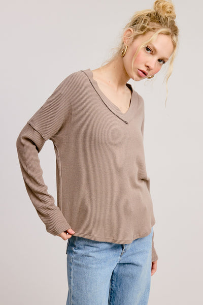 Vertical Ribbed V-Neck Long Sleeve