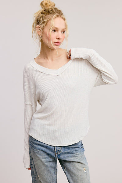 Vertical Ribbed V-Neck Long Sleeve