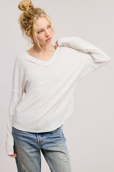 Vertical Ribbed V-Neck Long Sleeve
