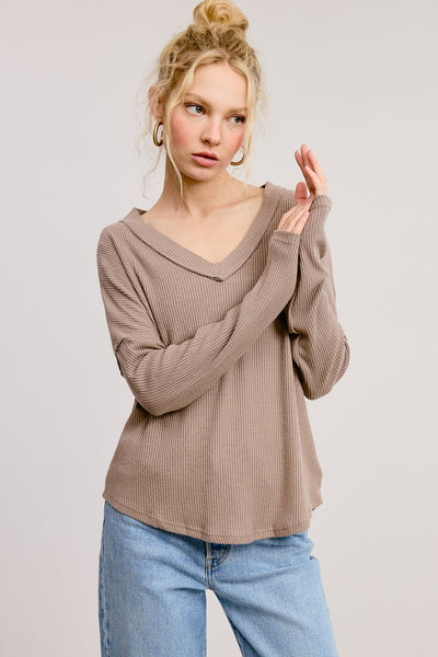 Vertical Ribbed V-Neck Long Sleeve