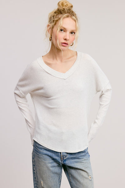 Vertical Ribbed V-Neck Long Sleeve