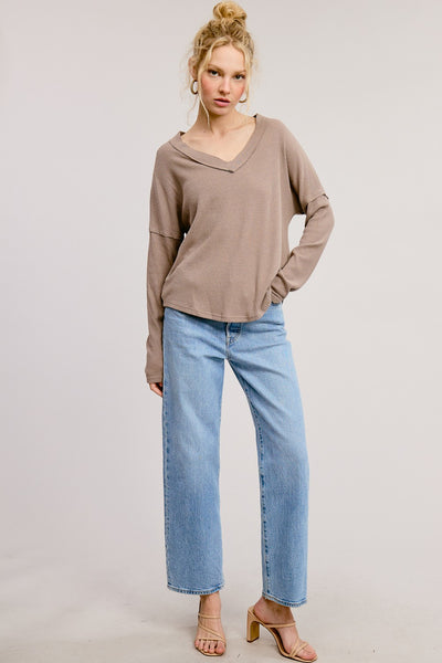 Vertical Ribbed V-Neck Long Sleeve