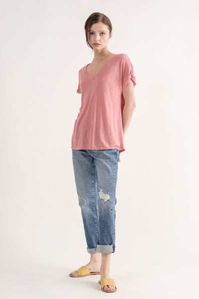 V-Neck Slub Knit Rolled Sleeve
