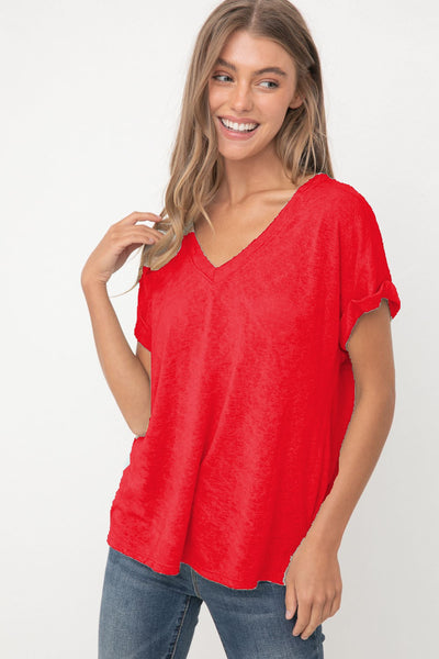 V-Neck Slub Knit Rolled Sleeve