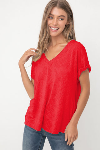 V-Neck Slub Knit Rolled Sleeve
