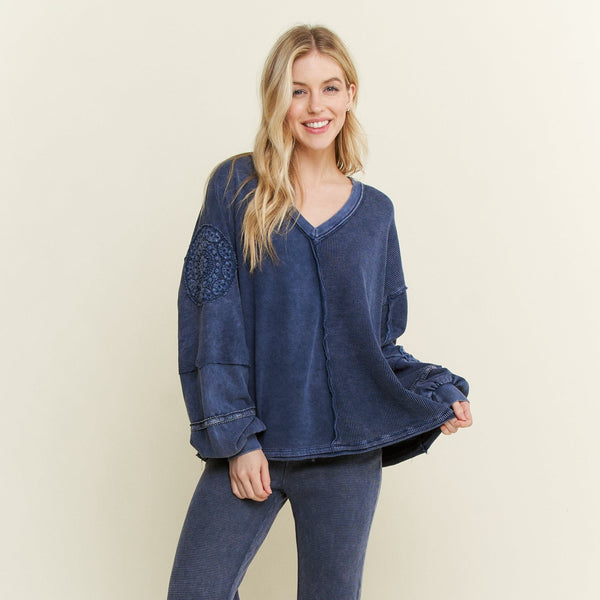 Mineral Wash Doily V-Neck Top