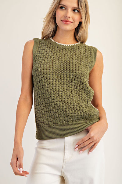 Scalloped Contrast Trim Sleeveless Sweater