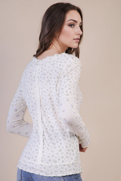 Floral Print Lettuce Hem Knit Top