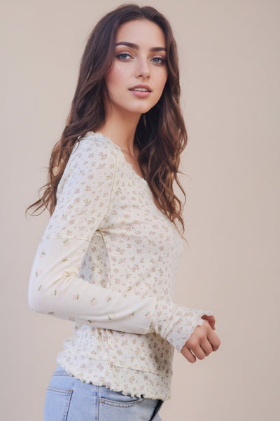 Floral Print Lettuce Hem Knit Top