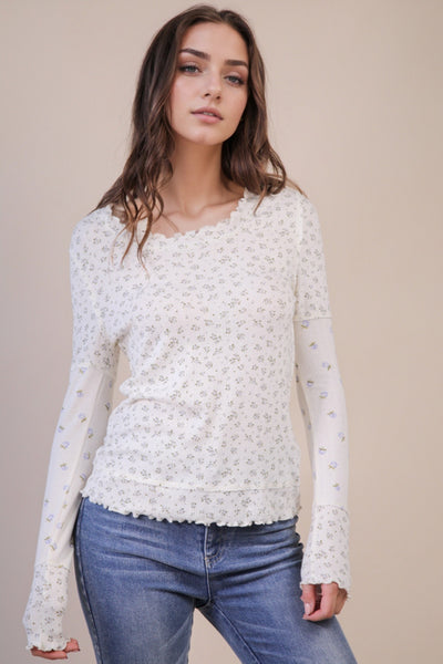 Floral Print Lettuce Hem Knit Top