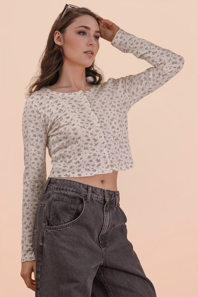 Cropped Floral Button Long Sleeve Top