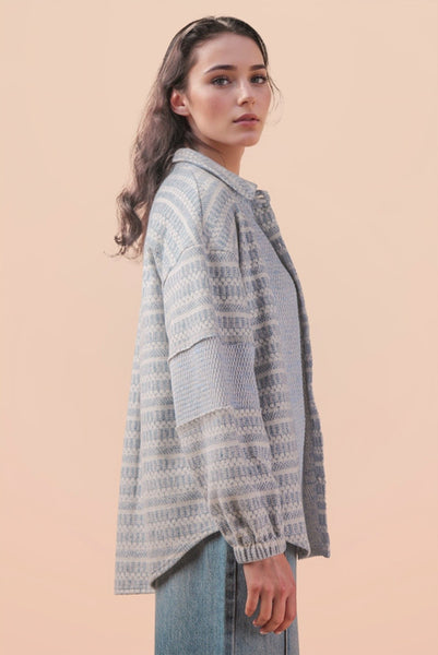 Mixed Knit Blue Patch Shacket