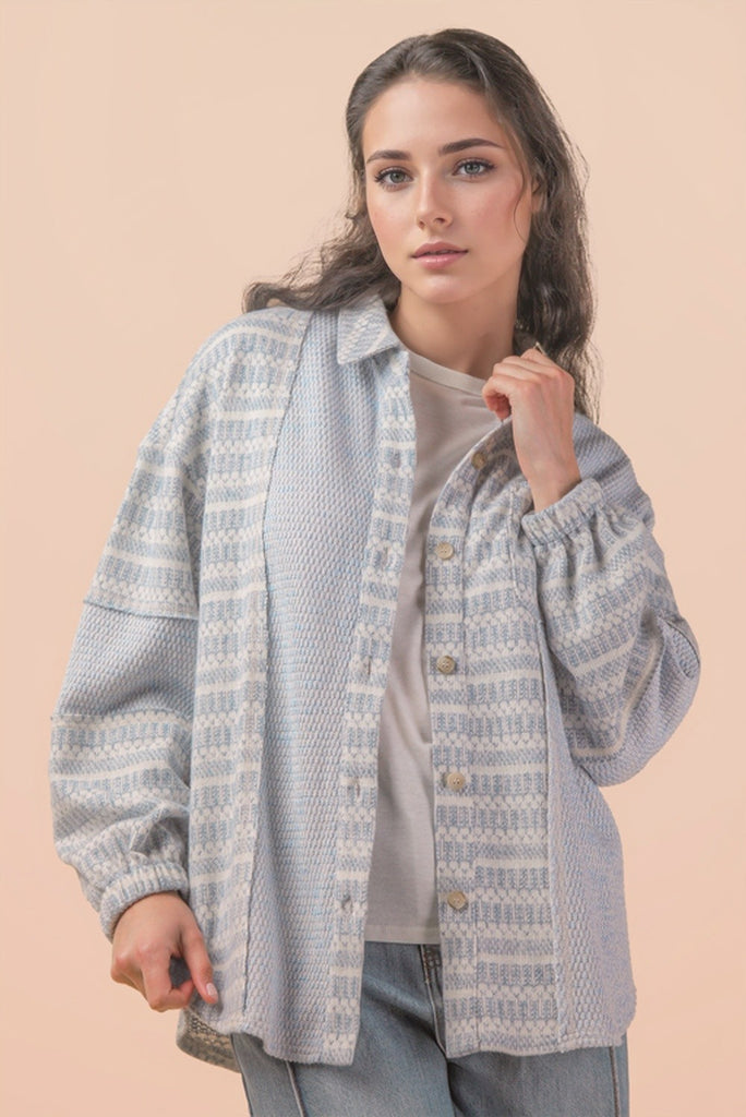 Mixed Knit Blue Patch Shacket