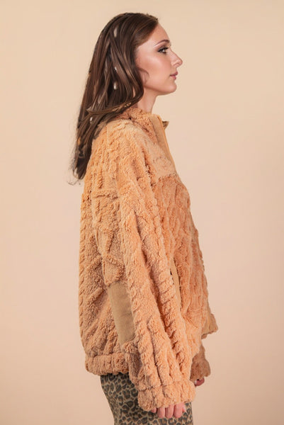 Plush Fur Full Zip Elbow Patch Jacket