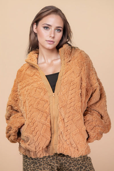 Plush Fur Full Zip Elbow Patch Jacket
