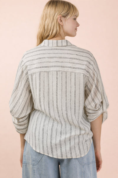 Roll Up Half Sleeve Dotted Stripe Blouse