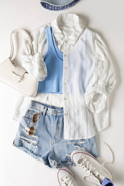 Roll Up Half Sleeve Dotted Stripe Blouse