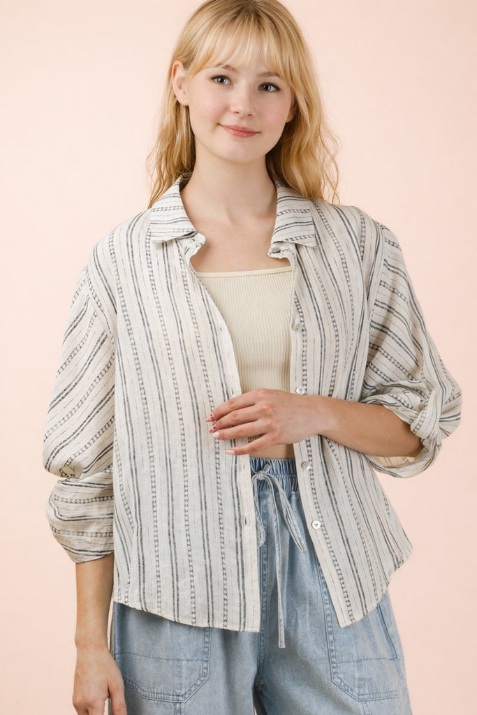 Roll Up Half Sleeve Dotted Stripe Blouse