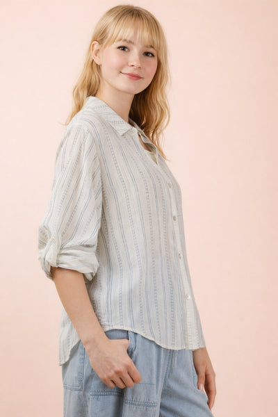 Roll Up Half Sleeve Dotted Stripe Blouse
