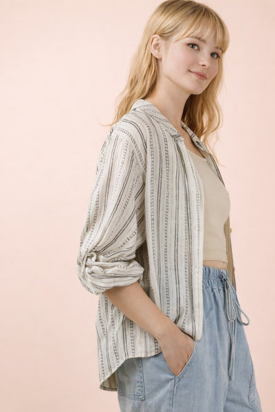 Roll Up Half Sleeve Dotted Stripe Blouse