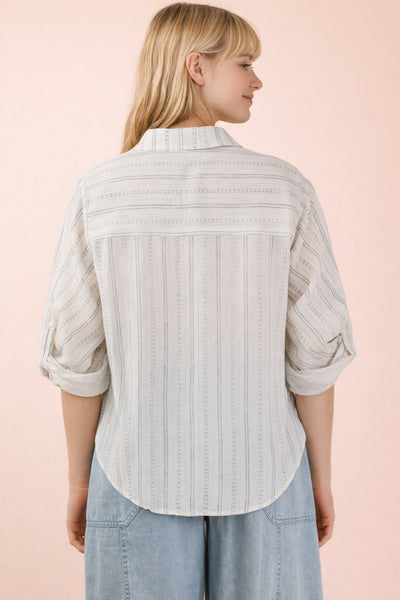 Roll Up Half Sleeve Dotted Stripe Blouse