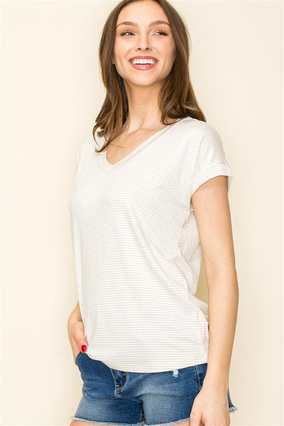 Taupe Striped V-Neck Top