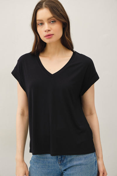 Bamboo V-Neck Rolled Sleeve Top