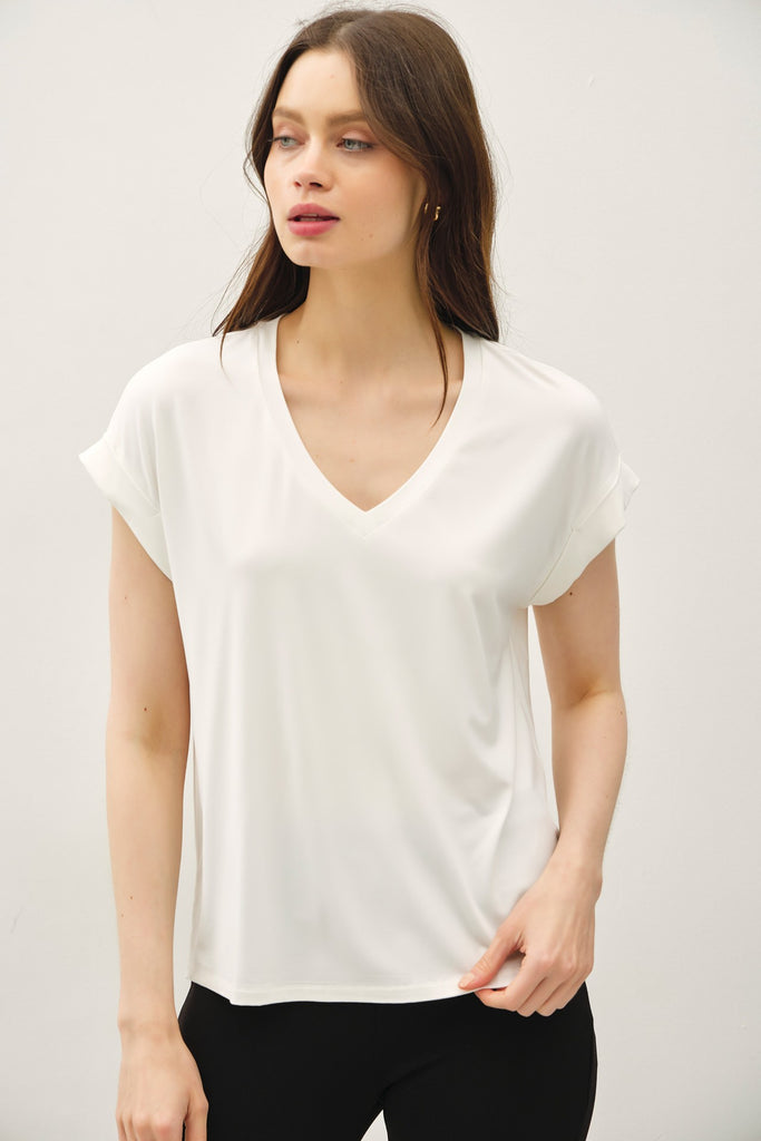 Bamboo V-Neck Rolled Sleeve Top