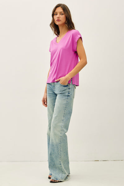 Bamboo V-Neck Rolled Sleeve Top