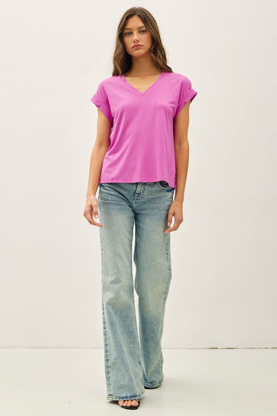 Bamboo V-Neck Rolled Sleeve Top