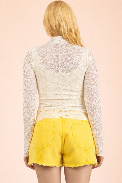 Mock Neck Mesh Lace Sheer Long Sleeve Top